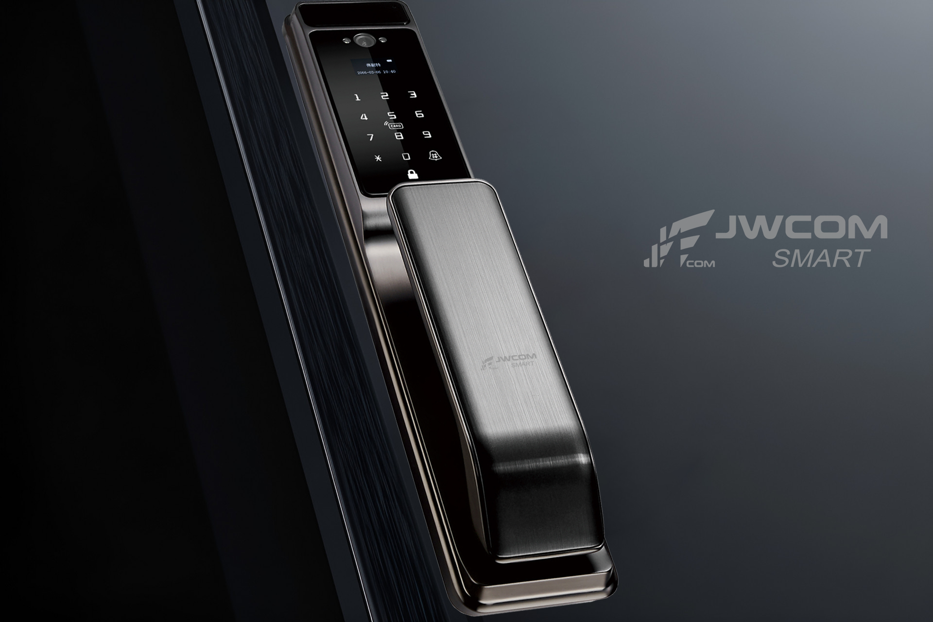 Fechadura inteligente H80/H20 grafite instalada em uma porta, com câmera e teclado digital